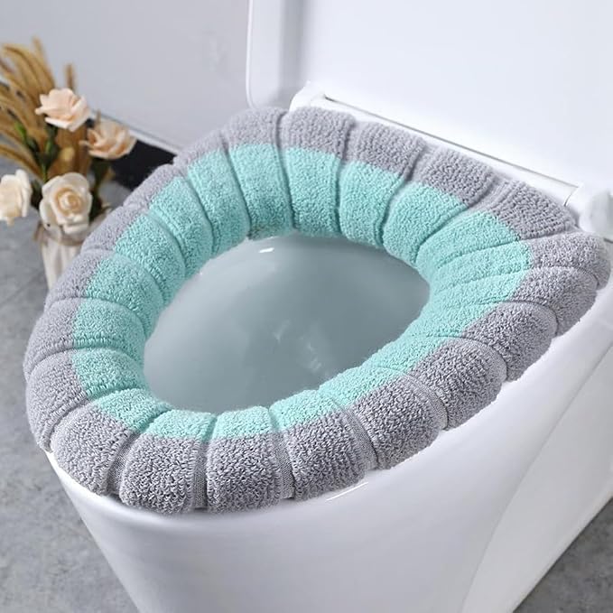 Soft Toilet Seat Cover for Fit, Thick Warm Stretchable Polyester Pad with Reusable Washable Bathroom Mat, Machine Washable Winter Warm Toilet Protector(Green with gray A)
