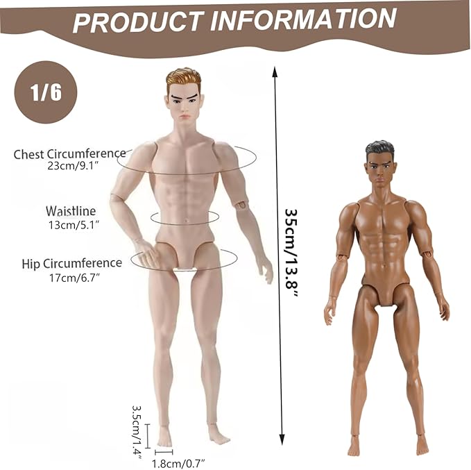 1/6 Scale Action Figure Multi Jointed Posable Male Muscular Action Figure Body with Head for Display Doll Collection, Brown Body Custom Figures Blank