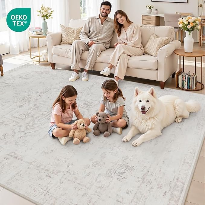 5x7 Area Rugs for Living Room: Vintage Boho Neutral Washable Rug Indoor Soft Large Area Rug Carpet for Bedroom Nursery Farmhouse Dining Room Office Floor Non-Slip Low Pile Under Table Neutral Cream