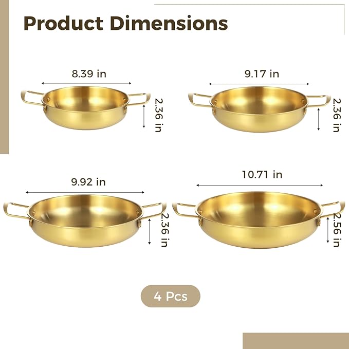 4Pcs Korean Ramen Pot Set,Stainless Steel Ramen Pot with Double Handles, 8.4-10.7 in Diameter Korean Noodle Pot Golden Soup Pots & Cooking Pots for Stove,Pasta,Soup (Gold)