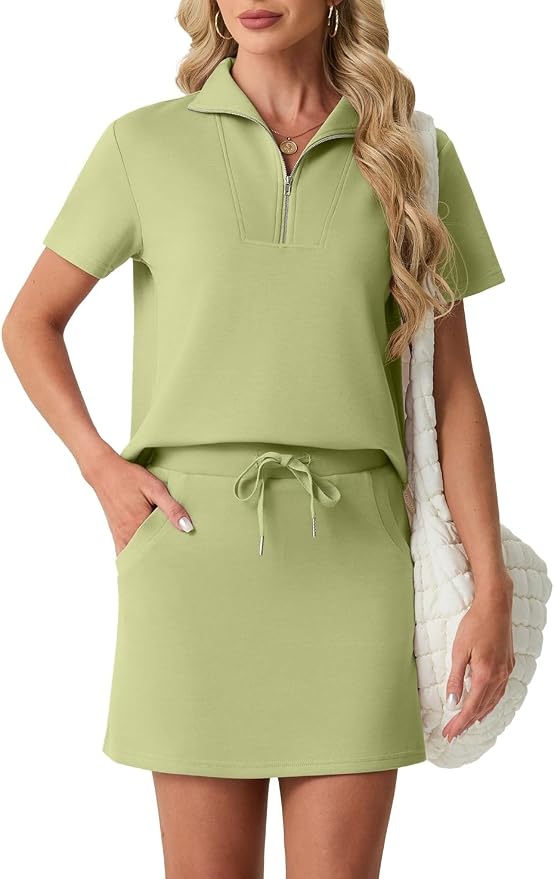 GRECERELLE Women's Summer 2 Piece Skort Set Half Zip Short Sleeve Top & Pocketed Tennis Skirt For Sports & Vacations.
