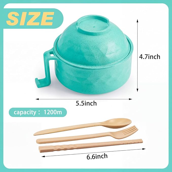 1 Set Microwave Ramen Cooker 40oz Wheat Straw Microwave Noodle Bowl Set with Chopsticks, Spoon, Fork, College Dorm Office Apartment Essentials (Mint Green)