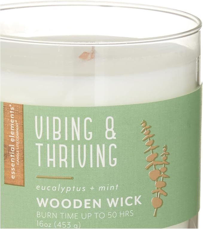 Essential Elements by Candle-Lite Company Wood Wick Scented Candle, Vibing & Thriving, One 16 oz. Single-Wick Aromatherapy Candle with 50 Hours of Burn Time, White