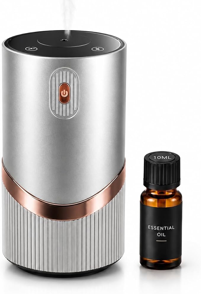 Waterless Essential Oil Diffuser, Mini Scent Air Machine Portable Diffuser for Home Car Office, Battery Operated Aromatherapy Diffuser with 10mL Hotel Scent Fragrance Oil, Timer & 4 Mist Levels, Grey