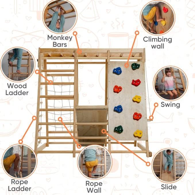 Avenlur Magnolia Indoor Playground 7-in-1 Jungle Gym Playset for Kids 2-6yrs - Slide, Climbing Wall, Rope Wall Climber, Monkey Bars, Swing - Waldorf and Montessori Style Wooden Climb Set.