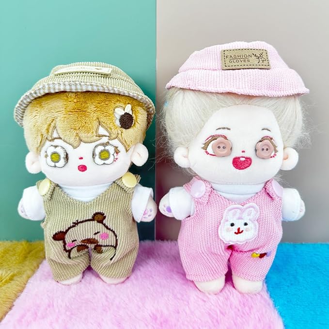 niannyyhouse 17cm Doll Clothes Hat White T-Shirt Animal Print Overalls 15cm Plush Doll Dressup (Brown-2)