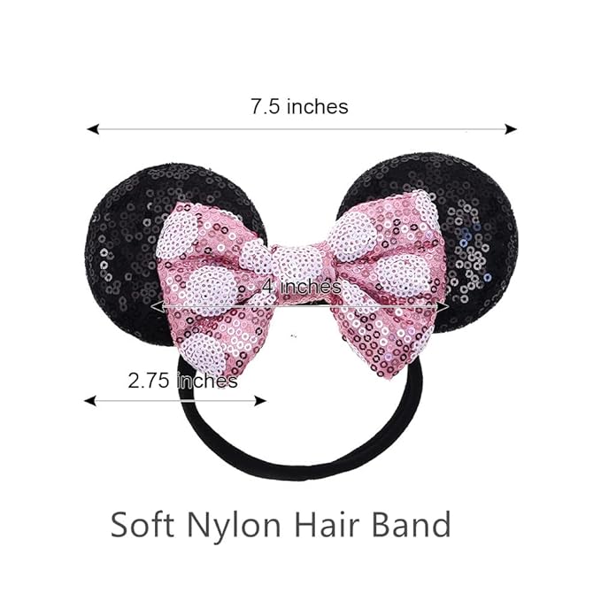 JIAHANG Mouse Ears Sequin Bow Hairband with Polka Dot, Hair Bow Nylon Headband, Soft Elastic Headwear for Baby Girl Newborn Party Supplies