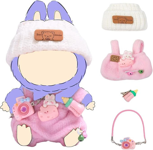 17cm Clothes for Dolls, Hat & Overalls Clothes Set Outfit for Dolls, Keychain Accessories for Doll, Suitable Gifts for Children (NO Doll)(3-Piece Pink)
