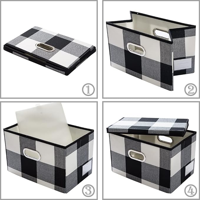 Large Collapsible Storage Bins with Lids [3-Pack] Fabric Foldable Storage Boxes Organizer Containers Baskets Cube with Cover for Home Bedroom Closet Office Black and White (17.7x11.8x11.8)