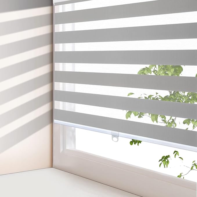 AOSKY Zebra Blinds for Windows Cordless Roller Shades for Home Free-Stop Windows Shades Dual Layer Light Control for Day and Night Easy to Install (49" W X 72" H, Grey)