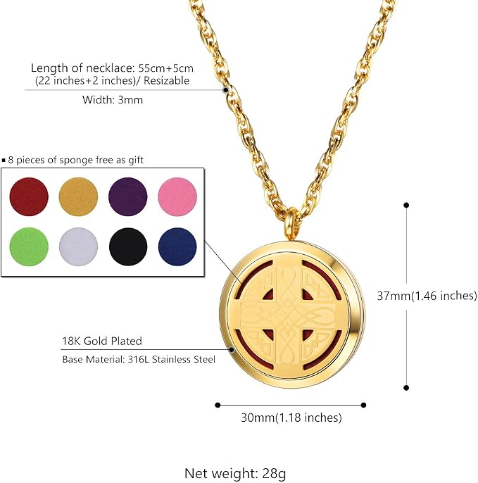 PROSTEEL Personalized Customize Essential Oil Diffuser Locket Aromatherapy Diffuser Celtic Knot Cross Pendant 18K Real Gold Plated 30mm Round Aromatherapy Womens Jewelry