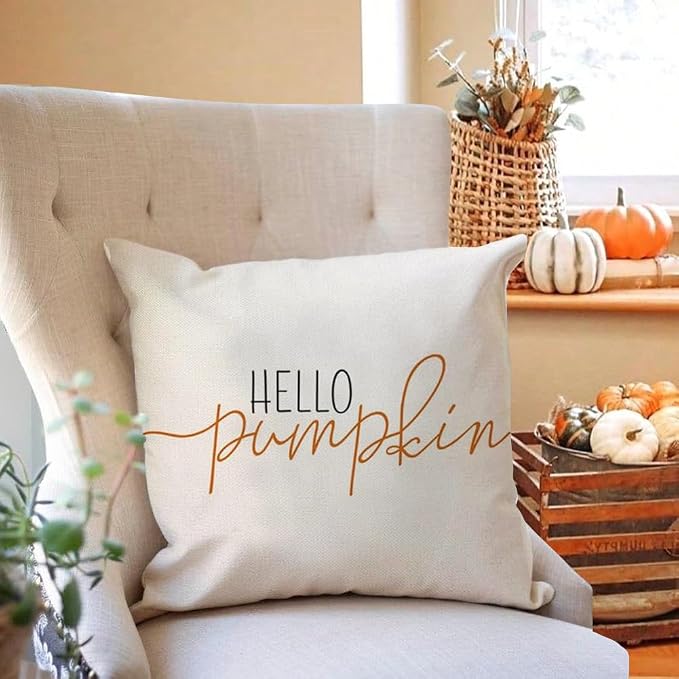 RABUSOFA Fall Pillow Covers 18x18 Inch Fall Decor for Home | Hello Pumpkin Lettering,Indoor Outdoor Use,Harvest Autumn Thanksgiving Decorations for Couch Sofa