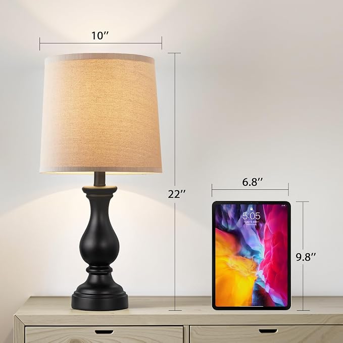Seealle Farmhouse Table Lamps Set of 2 - Rustic Lamp for Bedroom Living Room, 22" Boho Bedside Lamps for Night Stands End Table Office Desk Lamp Nightstand with Linen Shades(Matte Black)