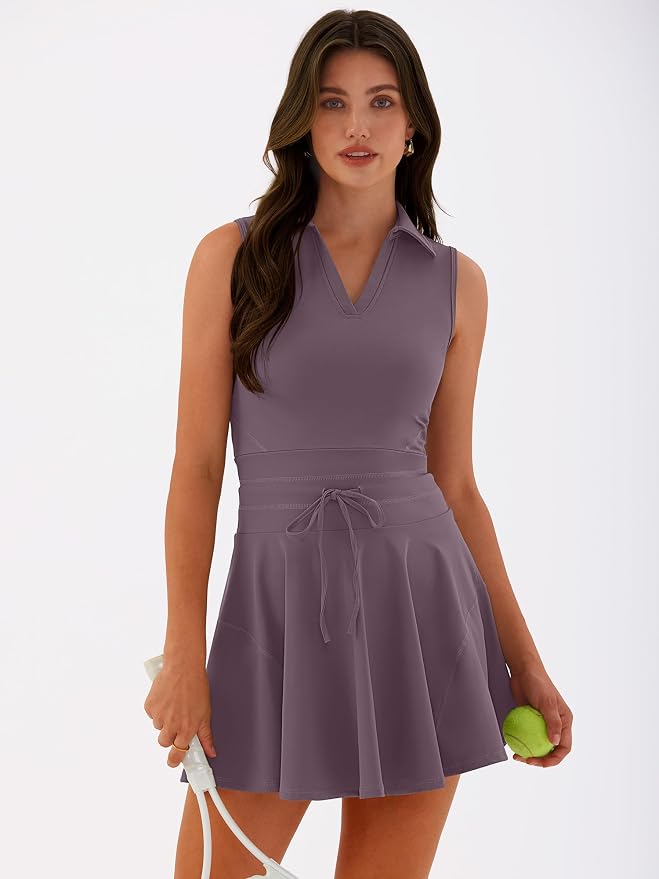 Caracilia Women's 2 Piece Tennis Dress Set-Polo Neck Sleeveless Mini Dresses with Shorts,Golf Casual Workout Athletic Sports