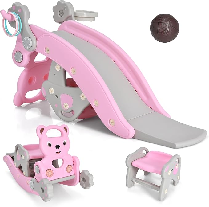 HONEY JOY Toddler Slide Rocking Toy, 6 in 1 Convertible Freestanding Slide for Kids w/Basketball Hoop/Ring Toss Game/Rocking Horse/Stool, Foldable Baby Climber Playground Slide for Indoors Outdoors