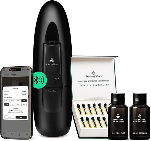 AromaPlan 5 Star Collection Plug in Diffuser (Fragrances+Sample Set Included)-Cold Air & Waterless Diffusers for Home & Office- Silent Wall Diffuser Plug in, Bluetooth App Control, 500 sq. Ft (Black)