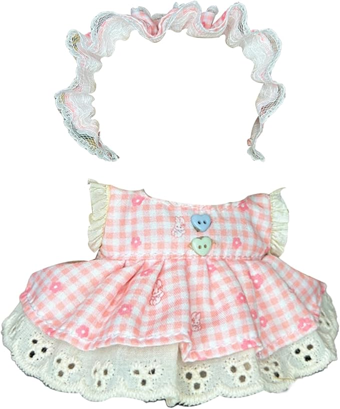 Doll Dress Set for 15-17cm Dolls, Cute Clothes for Dolls. Clothes Accessories for Doll Dress, Cute Miniature Clothes for Bag Charm, Photo Props, and Fashion Display. (Pink Checkered Dress)