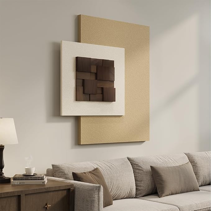Cuspin Large 3D Wood Textured Neutral Wall Art, Modern Minimalist Wooden Artwork for Walls, Cotemporary Abstract Geometric Beige Wall Decor for Living Room Bedroom Dining Room Hallway