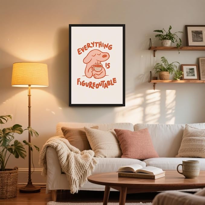 Everything Is Figureoutable Motivational Poster Cute Dog Positive Quote Inspirational Wall Art Funny Cartoon Mental Health Coffee Canvas Print for Kids Room Home Decor 24x36inch Black Aluminum Frame