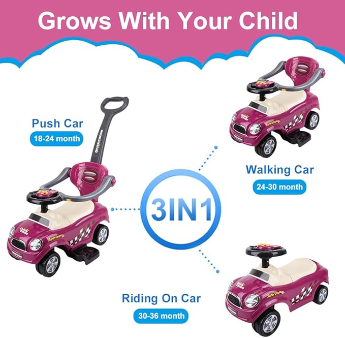 ChromeWheels 3 in 1 Ride on Push Car for Toddlers with Removable Handle/Guardrails/Pedal, Horn, Music, Under Seat Storage (Purple)