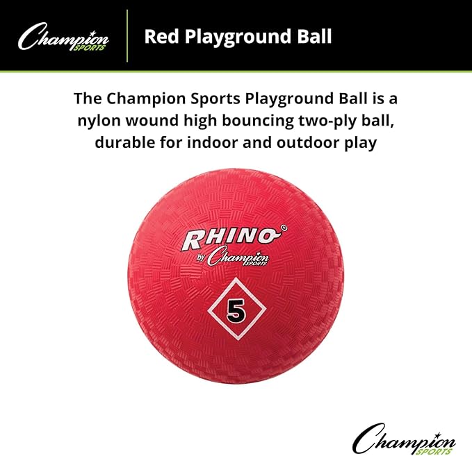 Champion Sports Playground Ball – High-Bounce 2-Ply Construction, Durable Red Ball for Throwing, Catching & Kicking - Multiple Sizes (5", 6", 7", 10", 13", 16")