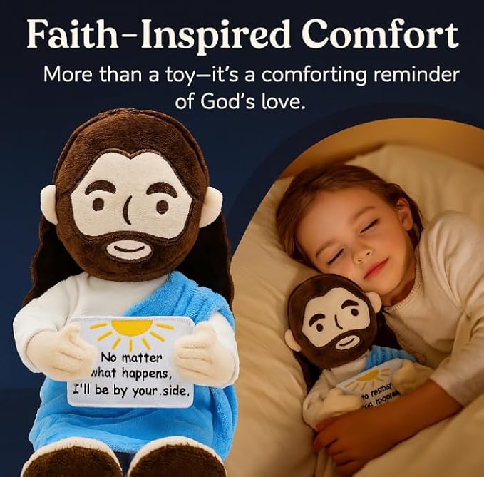 Inspirational Jesus Plush Stuffed Doll with Encouraging Words 13.4" Positive Jesus Plushie Soft Christian Toy Faith Comfort Gift for Kids Baptis Easter Christas (Blue)