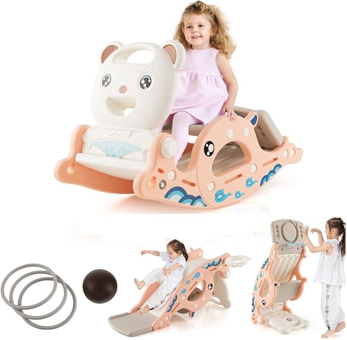 Costzon 4 in 1 Toddler Slide Rocking Toy, Slide for Kids with Basketball Hoop and Ring Game, Rocking Horse, Foldable Climber Playground Slide for Both Indoors Outdoor Use (Pink Ocean), YMHT1003