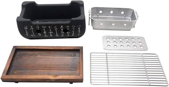 Japanese Hibachi Grill, Portable Tabletop Yakitori Charcoal Grill for Indoor Outdoor BBQ with Wooden Base & Cooking Grate 4.9x4.5x9.4in