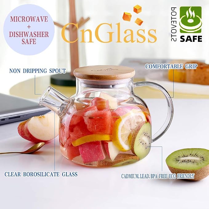 CnGlass Glass Teapot Stovetop Safe,20.3 oz Clear Tea pot with Removable Filter Spout,Loose Leaf and Blooming Tea Maker
