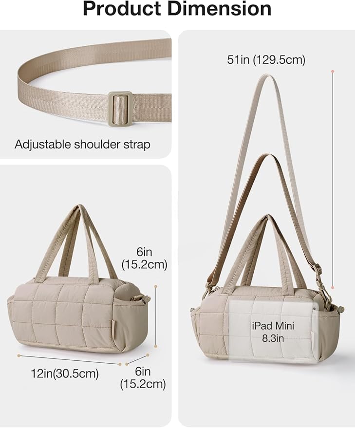 Noozion 12 Inch Mini Gym Bag for Women, Lightweight Quilted Crossbody Duffle Bag with Wet Pocket, Dual Side Pockets, Adjustable Strap, Small Workout Bag for Yoga, Pilates, Swimming & Daily Use