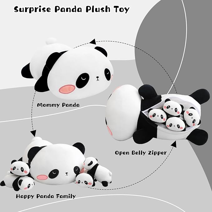 Panda Stuffed Animal Cute Panda Plush Pillow with 4 Baby Plushies in Her Tummy, Soft Cotton Stuffed Animals Toy Gifts for Kids