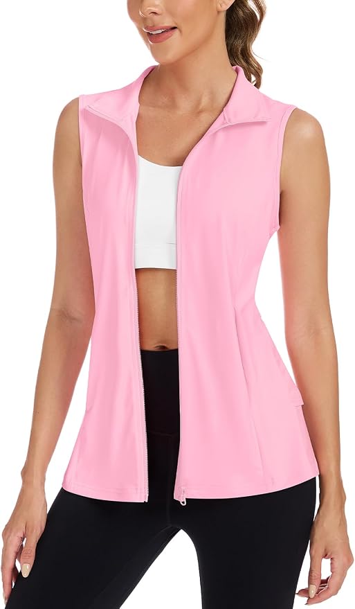 Women's Golf Vest with Pleated Tennis Skirt Hem Lightweight Full Zip Sleeveless Athletic Shirts with Pockets