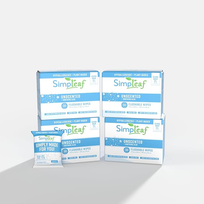 Simpleaf Flushable Unscented Single Pack Wet Wipes | Eco-Friendly Paraben & Alcohol Free | Hypoallergenic & Safe for Sensitive Skin | Soothing Aloe Vera Formula | (30 x 4 Single Pack Wipes)