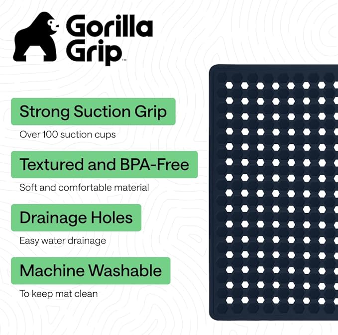 GORILLA GRIP Patented Square Shower Stall Mat, Small Bathtub Floor Mats for Stand Up Showers, Suction Cups and Drainage Holes, Machine Wash, Soft on Feet, Bathroom Accessories 21x21 Inch, Navy Opaque