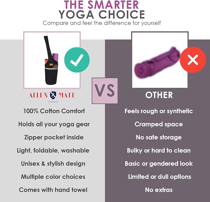 ALLEN & MATE 100% Cotton Canvas Yoga Mat Bag - Shoulder Strap Carrier Large Size Pocket Zipper Storage Yoga Bag holds more Accessories & Pilates Mats