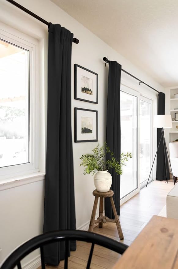 100% Blackout Shield Linen Blackout Curtains for Bedroom 63 Inches Long, Back Tab/Rod Pocket Living Room Drapes, Thermal Insulated Blackout Curtains 2 Panels Set, 42" W x 63" L, Black