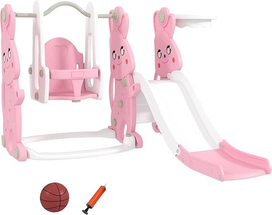 Qaba 4 in 1 Toddler Slide and Swing Set, Kids Playset for Ages 1.5-4, Rabbit Themed Children Slide Playground with Climber, Basket Hoop, for Indoor Outdoor Backyard, Pink