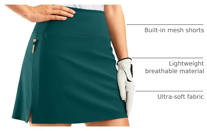 16" Golf Skirt with 2 Zipper Pockets | Tee Holder, Mesh Shorts, High Waisted, Casual, Pickleball, Athletic, Tennis, Skorts for Women