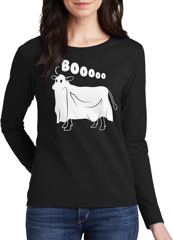 Threadrock Women's Cow Ghost Saying Moo Long Sleeve T-Shirt