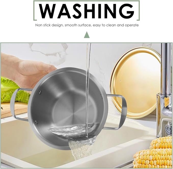 Zerodeko Stainless Steel Double Ear Soup Pot Non-stick Porridge Cooker with Lid for Instant Noodles Small Hot Pot and Korean Ramen Compact Design for Easy Carrying