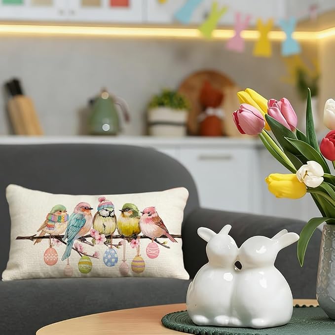 RABUSOFA Easter Pillow Covers 12x20 inch Easter Decorations for Home Pink Birds Colorful Eggs Lumbar Throw Pillows for Bedroom Sofa Holiday Festivals Decor