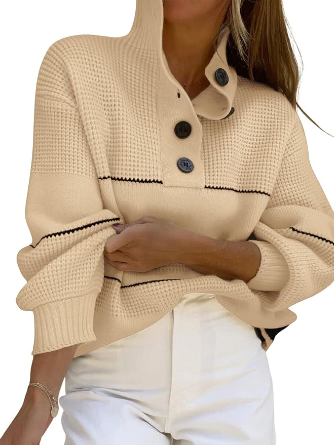 chouyatou Women's Slouchy Waffle Knit Sweater 1/2 Button Polo Collared Pullover Striped Sweater Tops