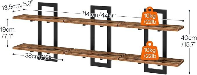 HOOBRO Floating Shelves, 15 Inch Wall Shelf Set of 3, Wall Mounted Storage Shelves 2-Tier, Hanging Bathroom Shelves, for Living Room, Bedroom, Bathroom, Kitchen, Rustic Brown and Black BF32BJP301