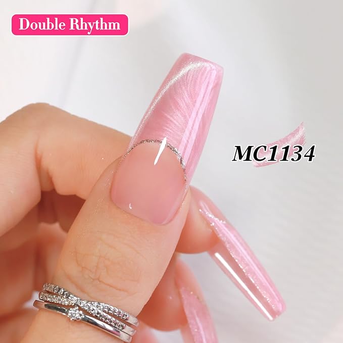 Double Rhythm 15ML Ice Glass Cat Eye Gel Polish with Magnet Holographic Glitter Shimmer Translucent Sheer Color Salon Soak Off Magnetic Nail at Home (Mermaid Pink-MC1134)