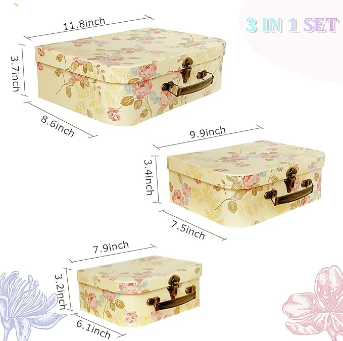 Paperboard Suitcases(Set of 3), Gift Boxes With Lids For Presents, Photo Storage, Dolls, Perfect for Home Decoration, Baby Shower Wedding, Birthday, Christmas and New Year Decor(Yellow Flowers)