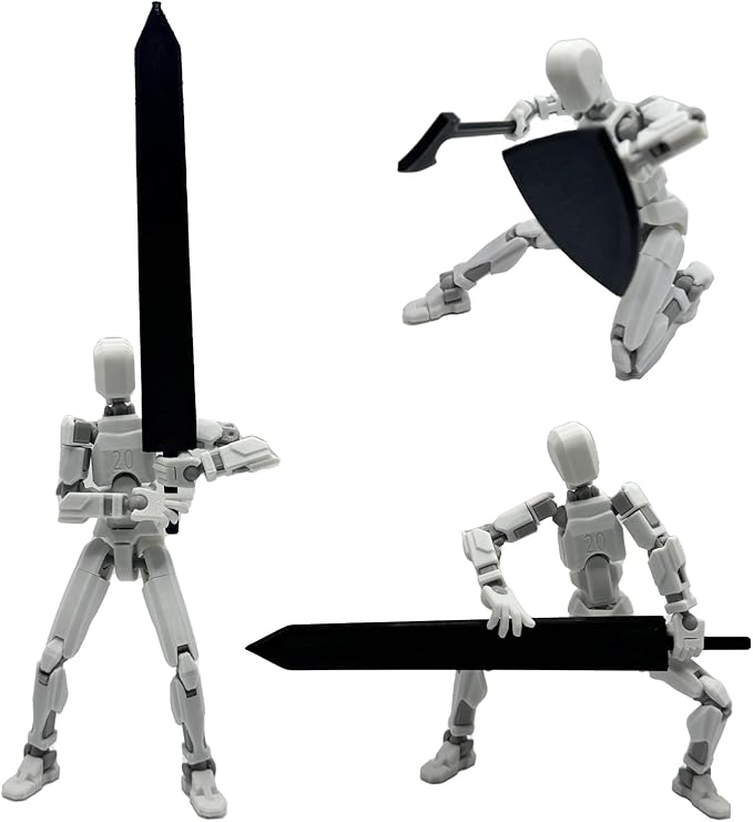 3D Printed Enlarge Body Size 8.1-inch Action Figure Dummy20, Full Body Mechanical Movable Toy, Multiple Accessories, Desk Decoration (Bracket, 3 HandsType, Weapons, Armour) (White)