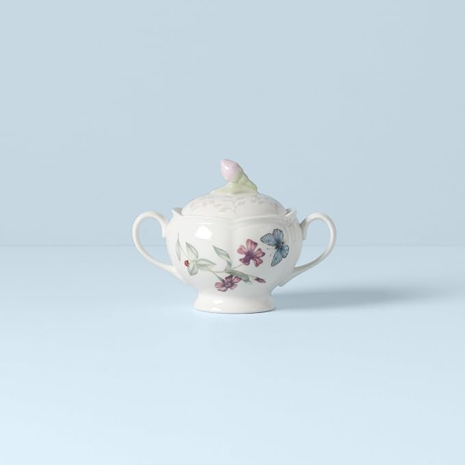 Lenox Butterfly Meadow Double Handled Sugar Bowl with Lid, White -, 1 Count (Pack of 1)