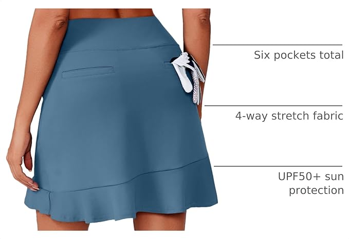 PINSPARK 18" Golf Skorts for Women with 6 Pockets Ruffle Athletic Skort | Above the Knee,High Waist,UPF 50+,4-way Stretch,Lightweight,Ruffle Hem,Tennis,Casual,Work,Pickleball