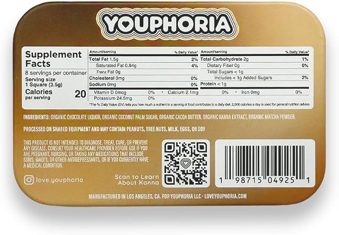 Youphoria Dark Chocolate Hearts, 600mg Kanna Supplement with L-Theanine for Relaxation, Organic, 8 Count