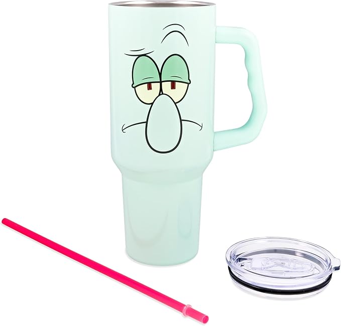 Silver Buffalo SpongeBob SquarePants Double Walled Stainless Steel Tumbler with Handle Featuring Squidward, Fits in Standard Cup Holder, 40 Ounces